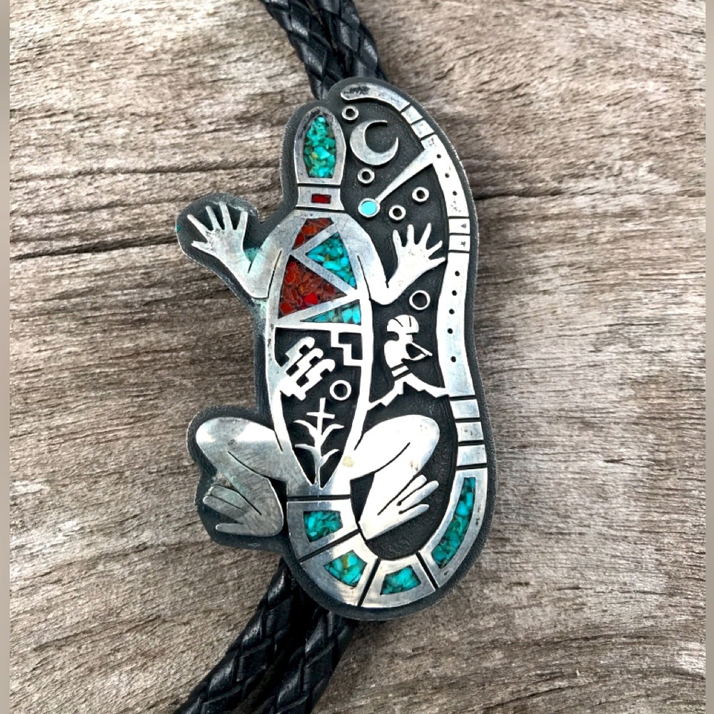 Vintage Sterling Silver Johnny Benavidez Turquoise & Coral Inlay Gecko Bolo Tie